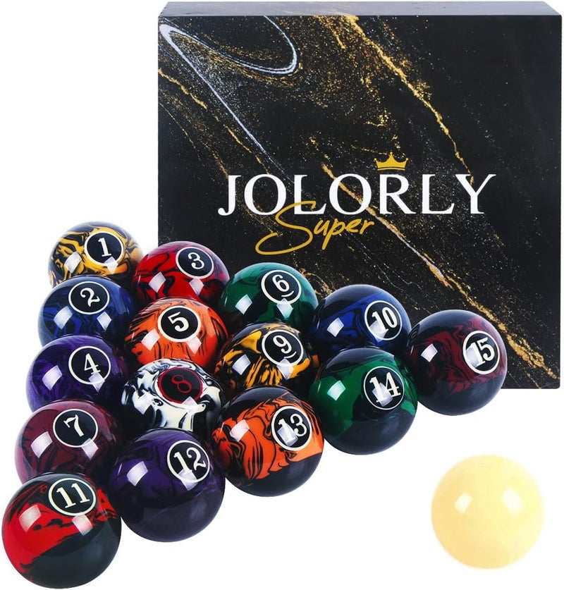 JOLORLY Billiard Balls AAA-Grade, Complete Set of 16 Pool Balls, 2-1/4" Regulation Size and Weight Professional Tournament Pool Table Balls (Dark Marble Swirl) - Image 1